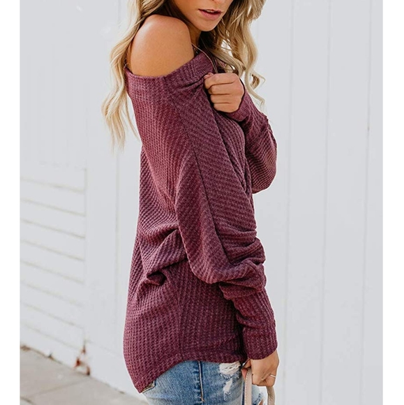 New Slouchy Off shoulder Waffle Knit Sweater Top - Picture 3 of 8